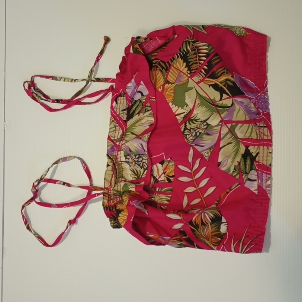 Kamehameha Vintage Pink and Green Tropical Hawaiian Floral Crop Bandou Top A26